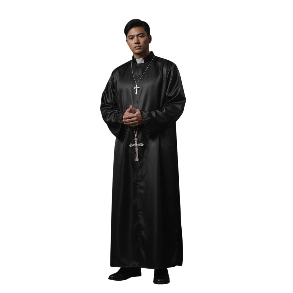 Hot Topic 2 PC Priest Costume Long Robe Rhinestone Cross Necklace OS 777422-000